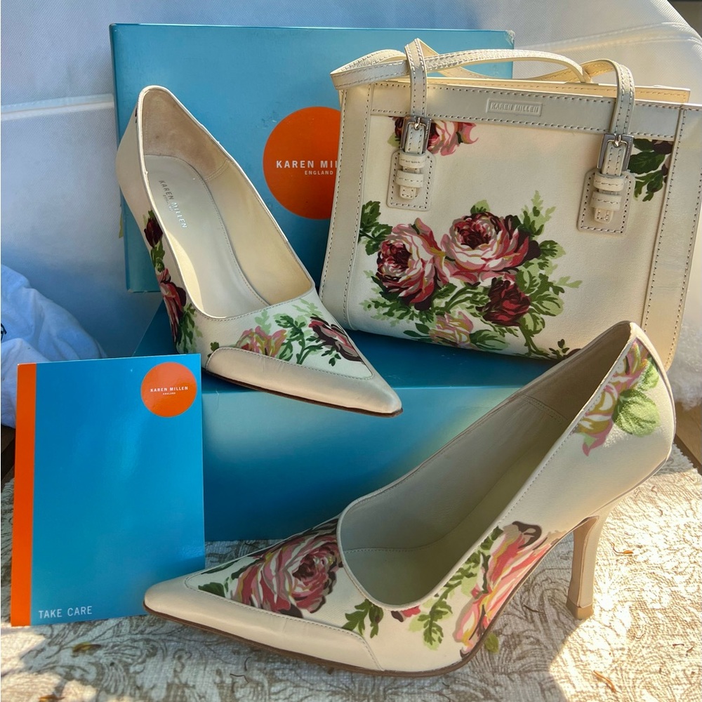 Karen Millen Floral Beige Heels & matching mini bag